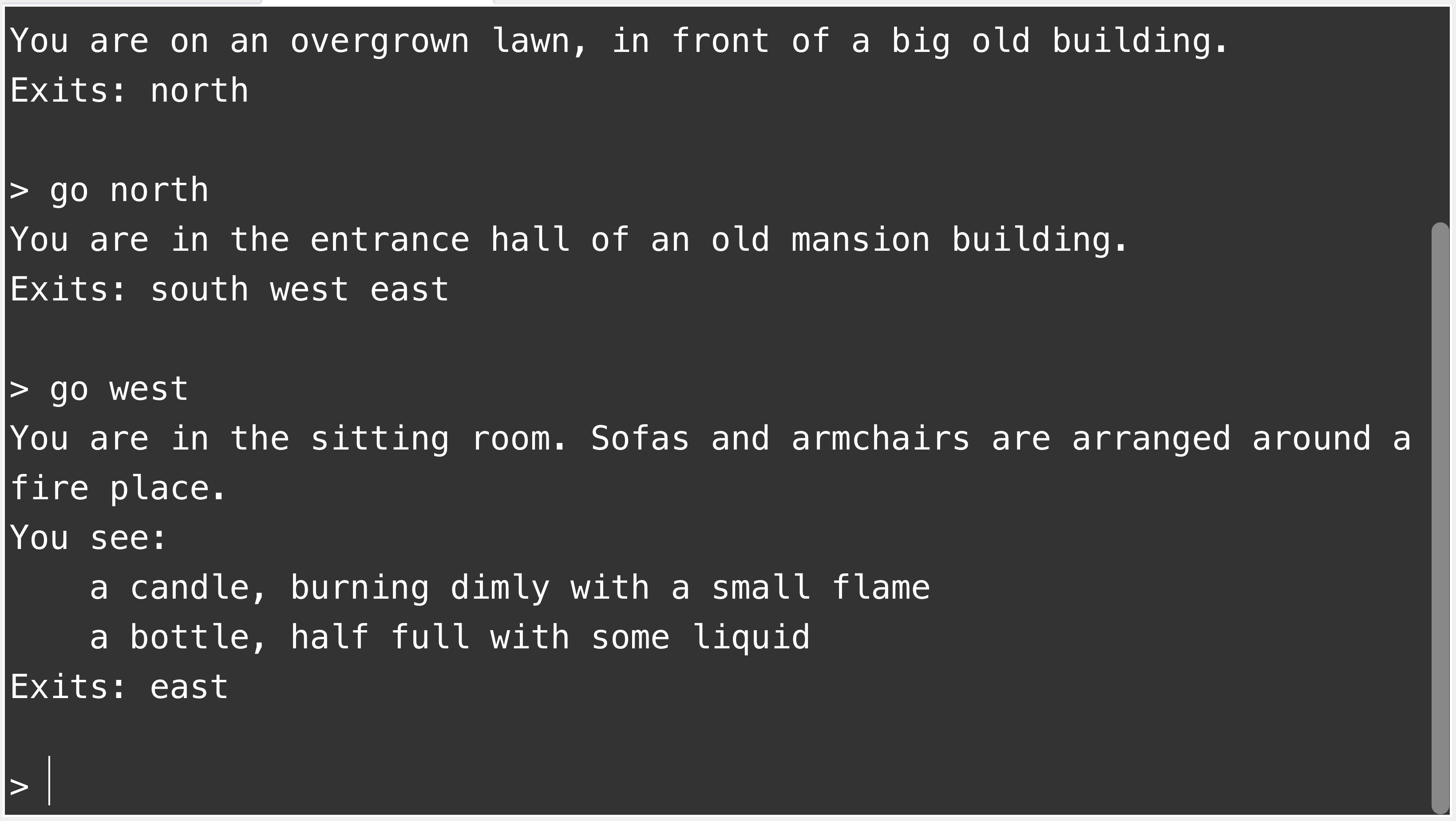 Screenshot of the text-based game with items