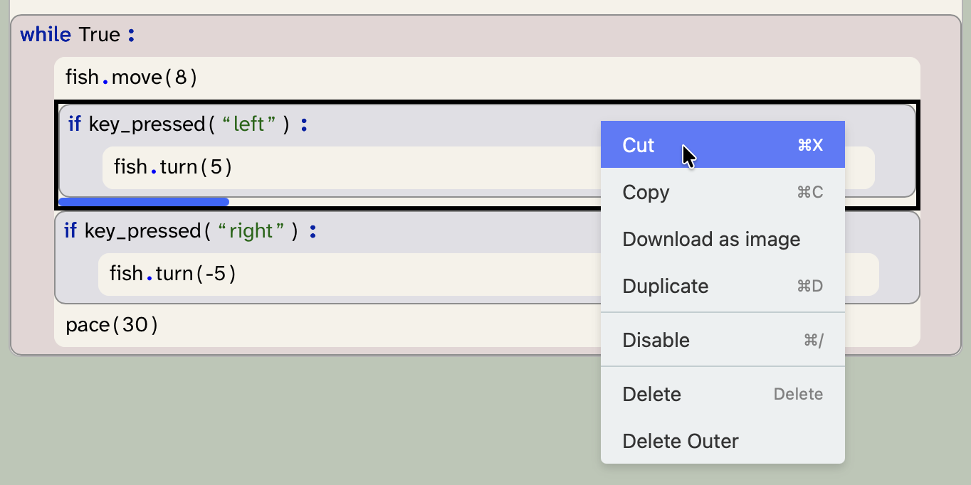 The frame context menu
